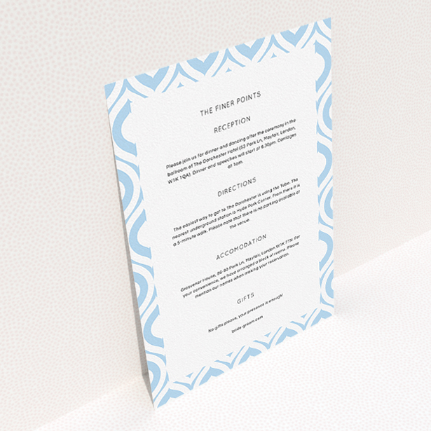 A wedding information sheet design named "Arabian diamonds". It is an A5 card in a portrait orientation. "Arabian diamonds" is available as a flat card, with mainly light blue colouring.