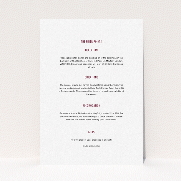 A wedding information sheet design titled "Around the corner". It is an A5 card in a portrait orientation. "Around the corner" is available as a flat card, with mainly white colouring.