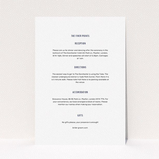 A wedding information sheet called "Around the corner". It is an A5 card in a portrait orientation. "Around the corner" is available as a flat card, with mainly white colouring.