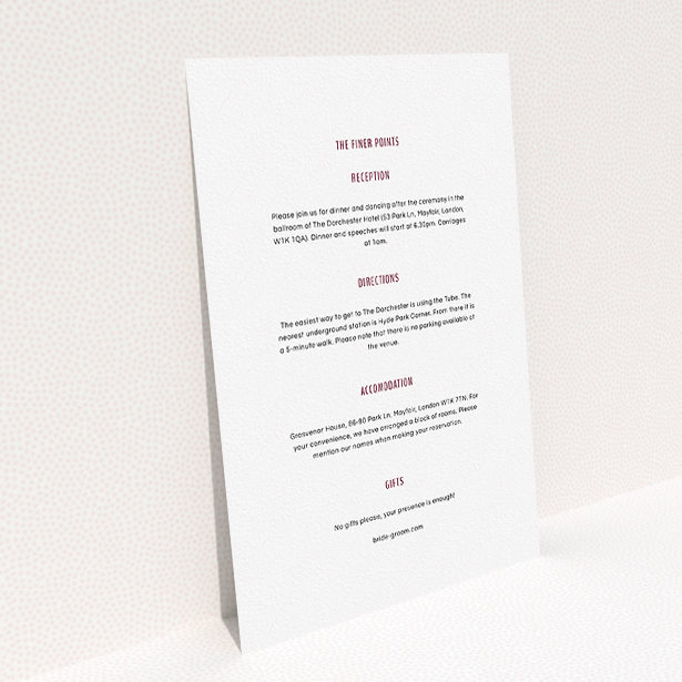 A wedding information sheet design titled "Around the corner". It is an A5 card in a portrait orientation. "Around the corner" is available as a flat card, with mainly white colouring.