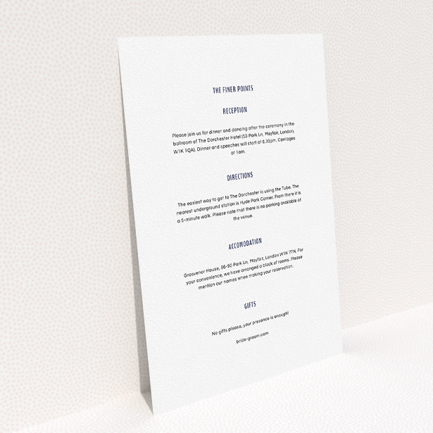A wedding information sheet called "Around the corner". It is an A5 card in a portrait orientation. "Around the corner" is available as a flat card, with mainly white colouring.