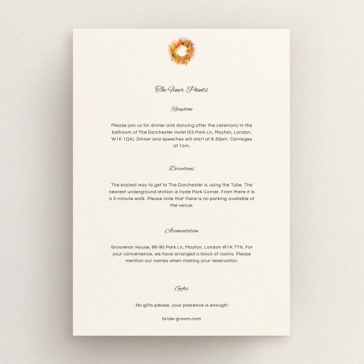 Wedding Information Sheet Design - "Autumn wreath " A wedding information sheet template titled "Autumn wreath ". It is an A5 card in a portrait orientation. "Autumn wreath " is available as a flat card, with tones of cream and orange.