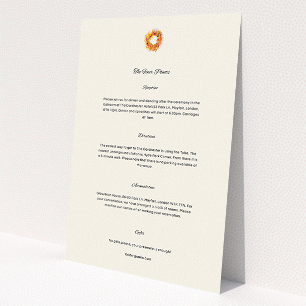 A wedding information sheet template titled 'Autumn wreath '. It is an A5 card in a portrait orientation. 'Autumn wreath ' is available as a flat card, with tones of cream and orange.