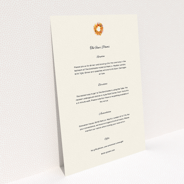 A wedding information sheet template titled "Autumn wreath ". It is an A5 card in a portrait orientation. "Autumn wreath " is available as a flat card, with tones of cream and orange.