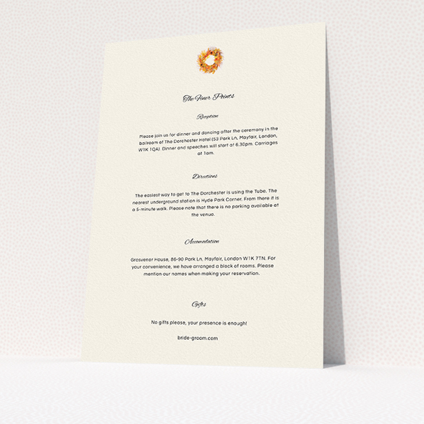 A wedding information sheet template titled "Autumn wreath ". It is an A5 card in a portrait orientation. "Autumn wreath " is available as a flat card, with tones of cream and orange.