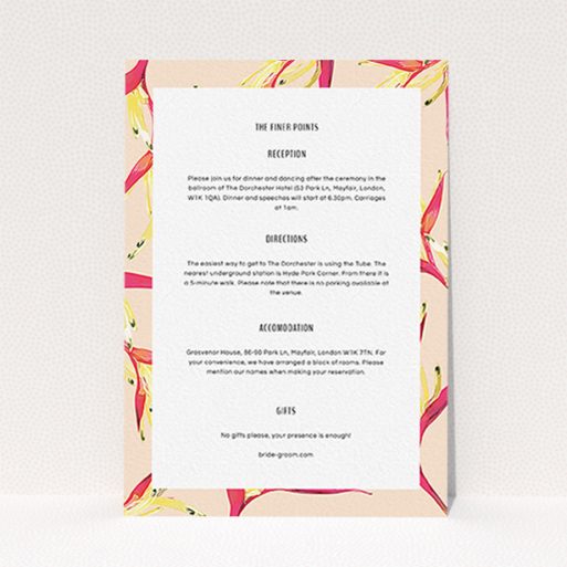A wedding information sheet template titled "Birds of paradise". It is an A6 card in a portrait orientation. "Birds of paradise" is available as a flat card, with tones of light cream and red.