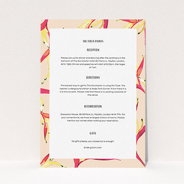 A wedding information sheet template titled "Birds of paradise". It is an A6 card in a portrait orientation. "Birds of paradise" is available as a flat card, with tones of light cream and red.