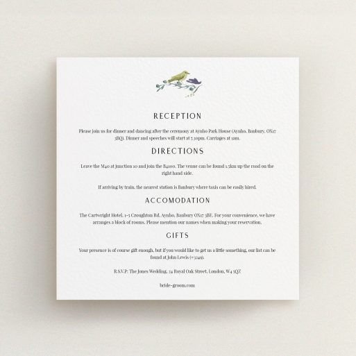 Wedding Information Sheet Design - "Birdsong" A wedding information sheet design called "Birdsong". It is a square (148mm x 148mm) card in a square orientation. "Birdsong" is available as a flat card, with mainly off-white colouring.