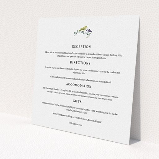 A wedding information sheet design called 'Birdsong'. It is a square (148mm x 148mm) card in a square orientation. 'Birdsong' is available as a flat card, with mainly off-white colouring.