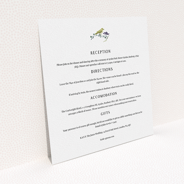 A wedding information sheet design called "Birdsong". It is a square (148mm x 148mm) card in a square orientation. "Birdsong" is available as a flat card, with mainly off-white colouring.