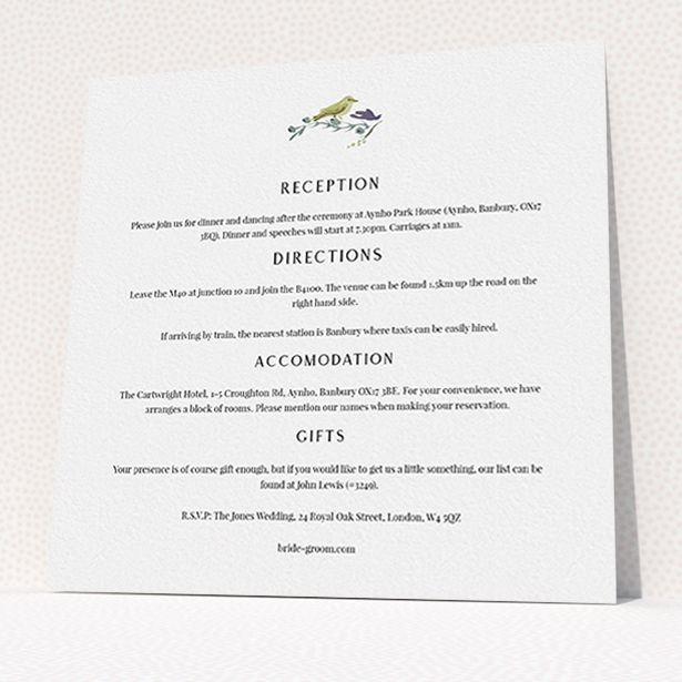 A wedding information sheet design called "Birdsong". It is a square (148mm x 148mm) card in a square orientation. "Birdsong" is available as a flat card, with mainly off-white colouring.