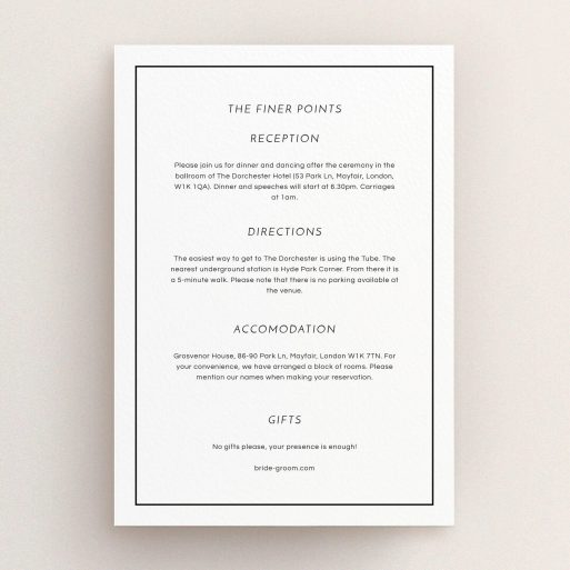 Wedding Information Sheet Design - "Black on black" A wedding information sheet called "Black on black". It is an A5 card in a portrait orientation. "Black on black" is available as a flat card, with mainly white colouring.