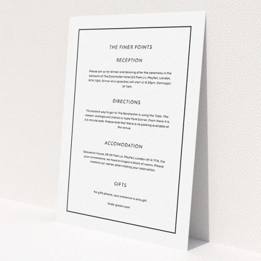 A wedding information sheet called 'Black on black'. It is an A5 card in a portrait orientation. 'Black on black' is available as a flat card, with mainly white colouring.