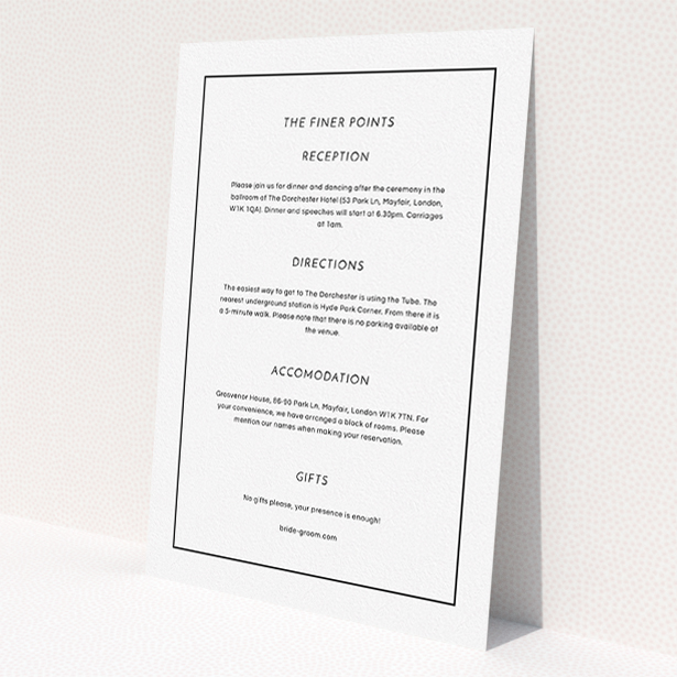 A wedding information sheet called "Black on black". It is an A5 card in a portrait orientation. "Black on black" is available as a flat card, with mainly white colouring.