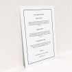 A wedding information sheet called "Black on black". It is an A5 card in a portrait orientation. "Black on black" is available as a flat card, with mainly white colouring.