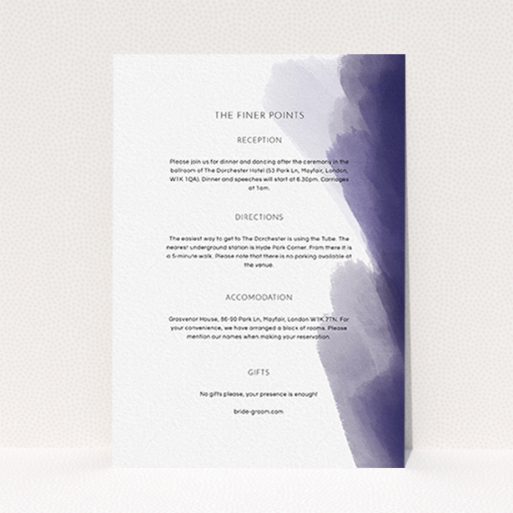 A wedding information sheet design called "Blue and Cream". It is an A6 card in a portrait orientation. "Blue and Cream" is available as a flat card, with tones of blue and white.