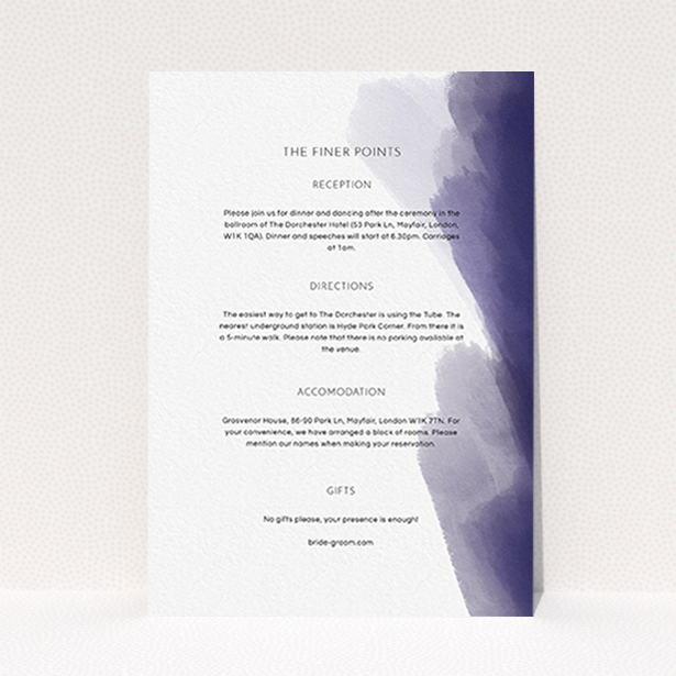 A wedding information sheet design called "Blue and Cream". It is an A6 card in a portrait orientation. "Blue and Cream" is available as a flat card, with tones of blue and white.