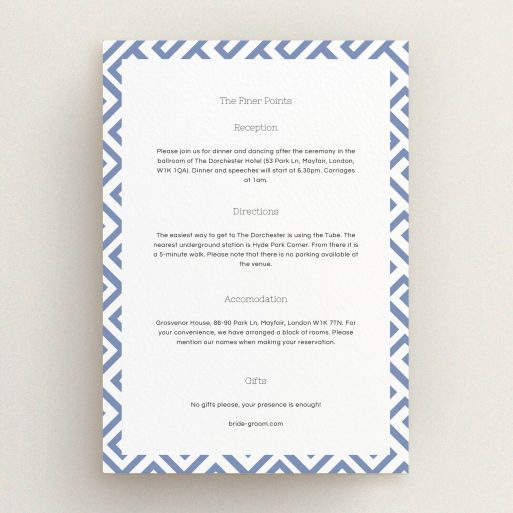 Wedding Information Sheet Design - "Blue and white maze" A wedding information sheet design titled "Blue and white maze". It is an A5 card in a portrait orientation. "Blue and white maze" is available as a flat card, with mainly light blue colouring.