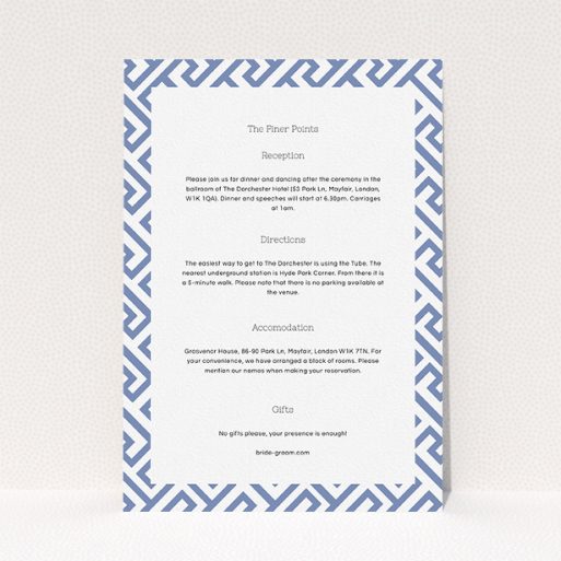 A wedding information sheet design titled "Blue and white maze". It is an A5 card in a portrait orientation. "Blue and white maze" is available as a flat card, with mainly light blue colouring.