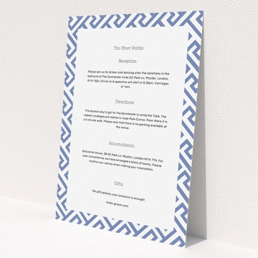 A wedding information sheet design titled 'Blue and white maze'. It is an A5 card in a portrait orientation. 'Blue and white maze' is available as a flat card, with mainly light blue colouring.
