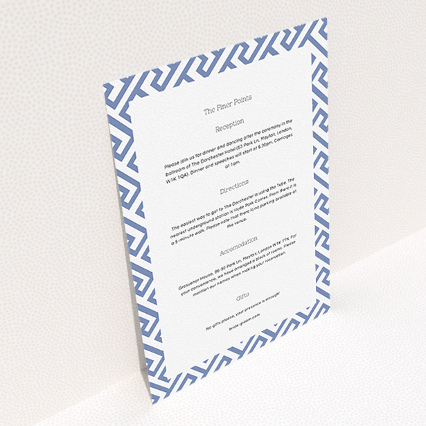 A wedding information sheet design titled "Blue and white maze". It is an A5 card in a portrait orientation. "Blue and white maze" is available as a flat card, with mainly light blue colouring.