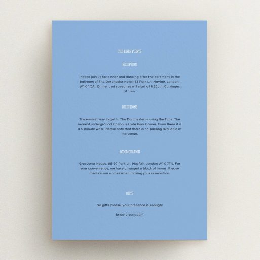 Wedding Information Insert Sheets - Bold Border (Middle Blue) A wedding information sheet design named "Bold border". It is an A5 card in a portrait orientation. "Bold border" is available as a flat card, with mainly light blue colouring.