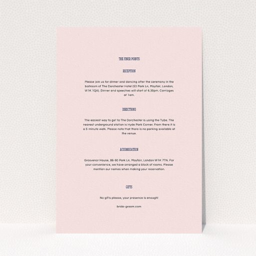 A wedding information sheet design called "Bold border". It is an A5 card in a portrait orientation. "Bold border" is available as a flat card, with mainly light pink colouring.