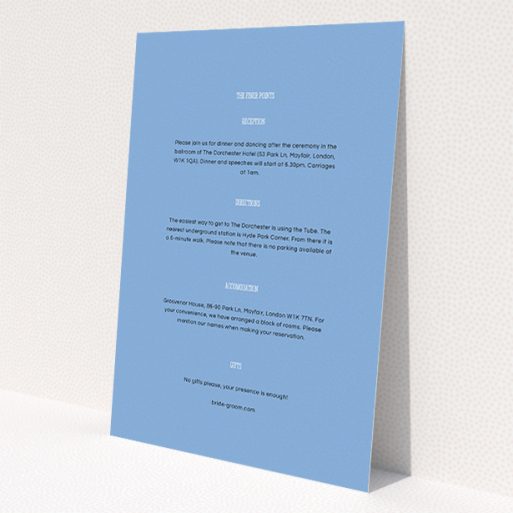 A wedding information sheet design named 'Bold border'. It is an A5 card in a portrait orientation. 'Bold border' is available as a flat card, with mainly light blue colouring.