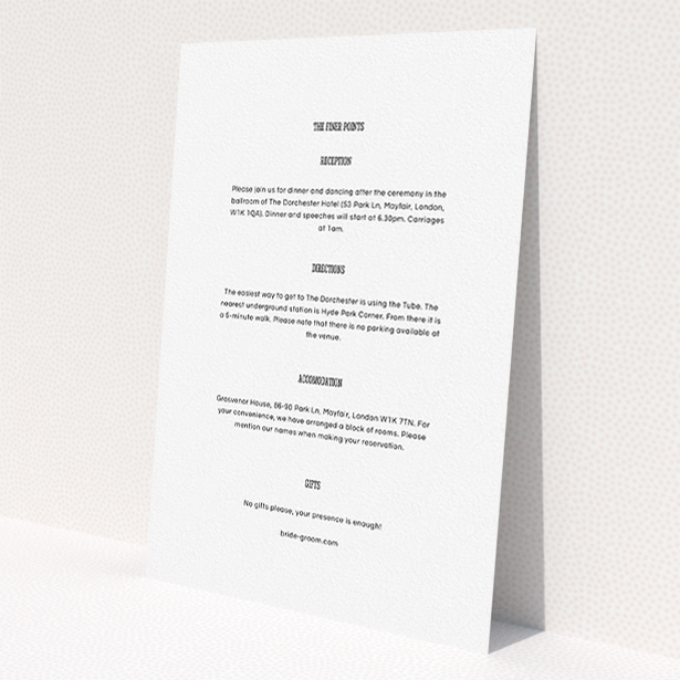 A wedding information sheet design named 'Bold border'. It is an A5 card in a portrait orientation. 'Bold border' is available as a flat card, with mainly white colouring.