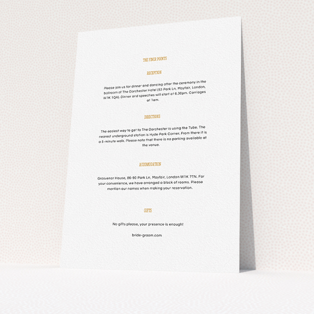 A wedding information sheet template titled "Bold border". It is an A5 card in a portrait orientation. "Bold border" is available as a flat card, with mainly white colouring.