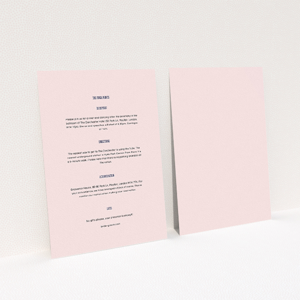 A wedding information sheet design called "Bold border". It is an A5 card in a portrait orientation. "Bold border" is available as a flat card, with mainly light pink colouring.