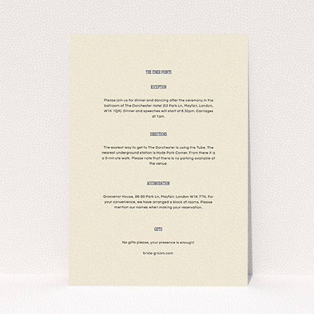 A wedding information sheet named "Bold border". It is an A6 card in a portrait orientation. "Bold border" is available as a flat card, with mainly cream colouring.