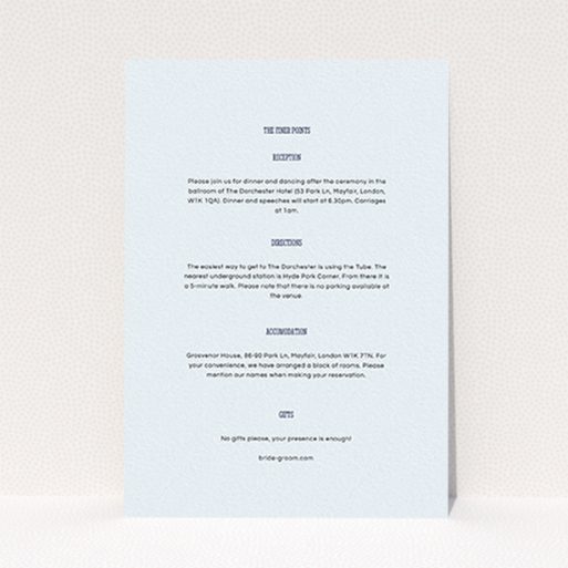 A wedding information sheet design named "Bold border". It is an A6 card in a portrait orientation. "Bold border" is available as a flat card, with mainly light blue colouring.