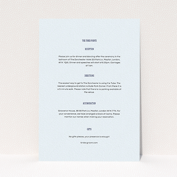A wedding information sheet design named "Bold border". It is an A6 card in a portrait orientation. "Bold border" is available as a flat card, with mainly light blue colouring.