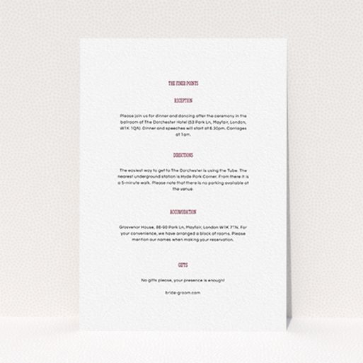 A wedding information sheet design named "Bold border". It is an A6 card in a portrait orientation. "Bold border" is available as a flat card, with mainly white colouring.