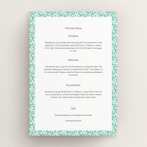 Wedding Information Sheet Design - "Born in the 80s" A wedding information sheet named "Born in the 80s". It is an A5 card in a portrait orientation. "Born in the 80s" is available as a flat card, with mainly green colouring.