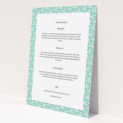 A wedding information sheet named 'Born in the 80s'. It is an A5 card in a portrait orientation. 'Born in the 80s' is available as a flat card, with mainly green colouring.