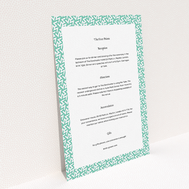 A wedding information sheet named "Born in the 80s". It is an A5 card in a portrait orientation. "Born in the 80s" is available as a flat card, with mainly green colouring.