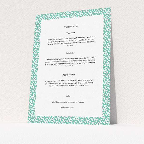 A wedding information sheet named "Born in the 80s". It is an A5 card in a portrait orientation. "Born in the 80s" is available as a flat card, with mainly green colouring.