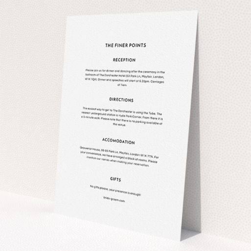 A wedding information sheet named 'Boxed In'. It is an A5 card in a portrait orientation. 'Boxed In' is available as a flat card, with mainly white colouring.