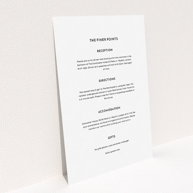A wedding information sheet named "Boxed In". It is an A5 card in a portrait orientation. "Boxed In" is available as a flat card, with mainly white colouring.
