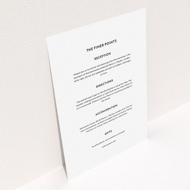 A wedding information sheet named "Boxed In". It is an A5 card in a portrait orientation. "Boxed In" is available as a flat card, with mainly white colouring.