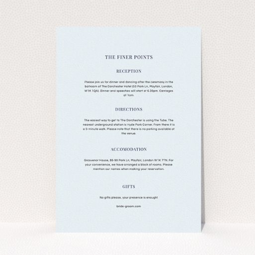 A wedding information sheet design titled "Bullet point". It is an A5 card in a portrait orientation. "Bullet point" is available as a flat card, with mainly light blue colouring.