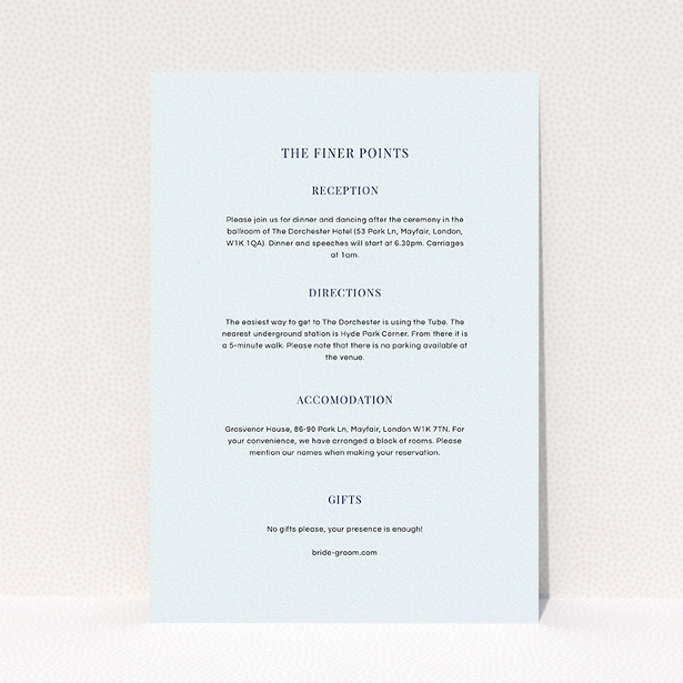 A wedding information sheet design titled "Bullet point". It is an A5 card in a portrait orientation. "Bullet point" is available as a flat card, with mainly light blue colouring.