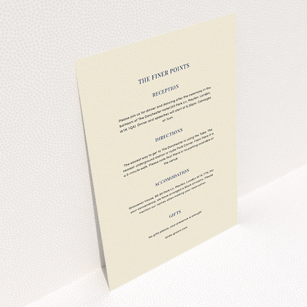A wedding information sheet template titled "Bullet point". It is an A5 card in a portrait orientation. "Bullet point" is available as a flat card, with mainly cream colouring.