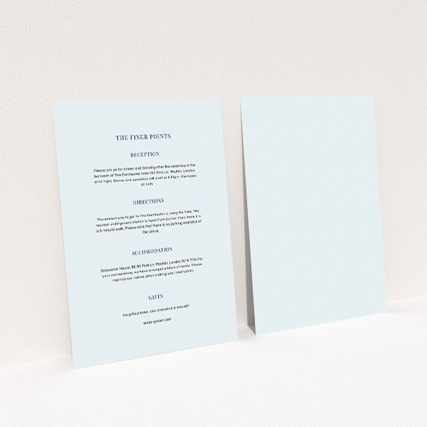 A wedding information sheet design titled "Bullet point". It is an A5 card in a portrait orientation. "Bullet point" is available as a flat card, with mainly light blue colouring.
