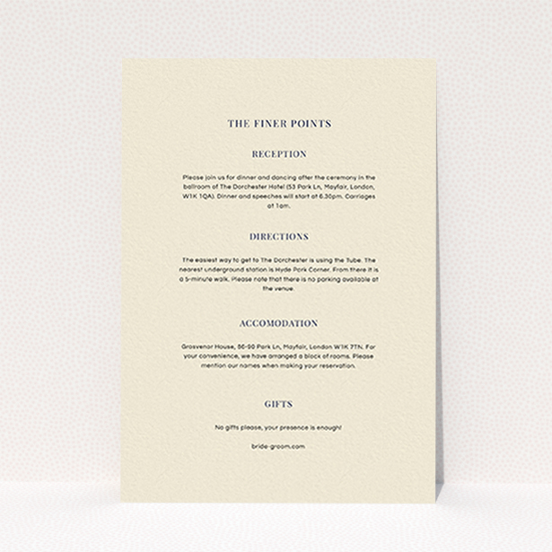 A wedding information sheet design titled "Bullet point". It is an A6 card in a portrait orientation. "Bullet point" is available as a flat card, with mainly cream colouring.