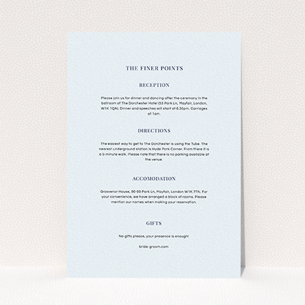 A wedding information sheet design named "Bullet point". It is an A6 card in a portrait orientation. "Bullet point" is available as a flat card, with mainly light blue colouring.
