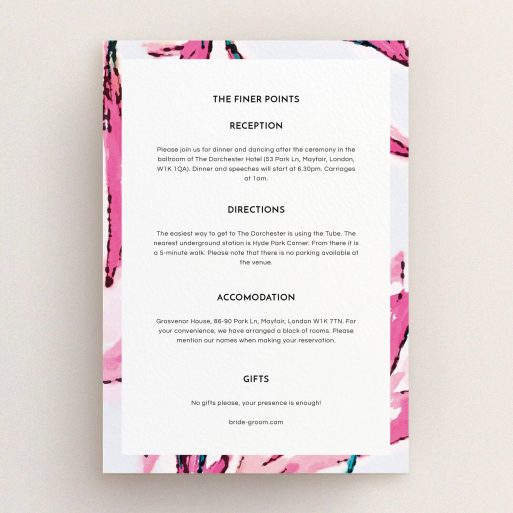 Wedding Information Sheet Design - "By the river bank" A wedding information sheet design titled "By the river bank". It is an A5 card in a portrait orientation. "By the river bank" is available as a flat card, with mainly pink colouring.