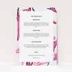 A wedding information sheet design titled "By the river bank". It is an A5 card in a portrait orientation. "By the river bank" is available as a flat card, with mainly pink colouring.